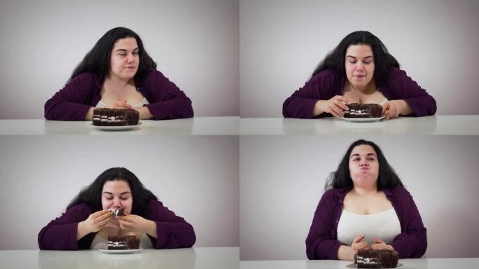 黑发胖女孩环顾四周，咬一块巧克力蛋糕的肖像。有超重问题的白人妇女吃甜食。自我控制，肥胖，不健康的生活