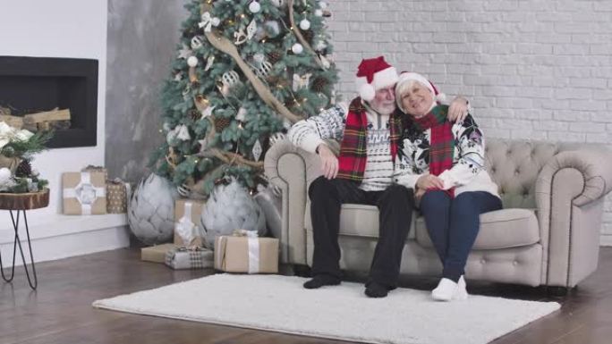 快乐的高加索老年夫妇的肖像坐在圣诞树旁边的沙发上，看着相机，微笑着。丈夫抱着可爱的妻子说话。电影院4