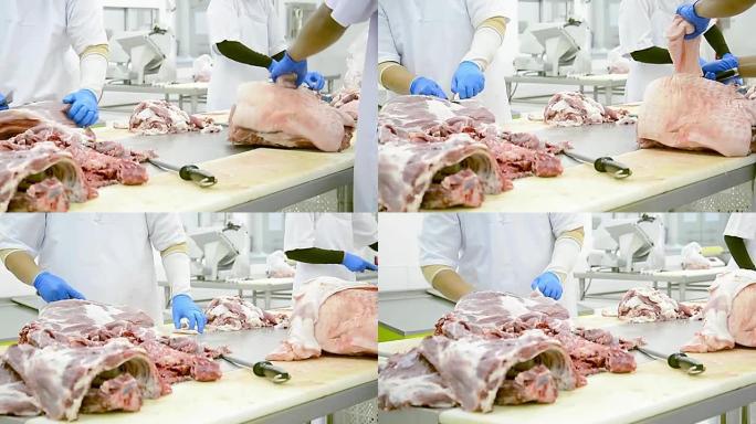 屠夫排肉猪肉生肉，生肉工厂，屠夫，新鲜猪肉，屠夫肉片