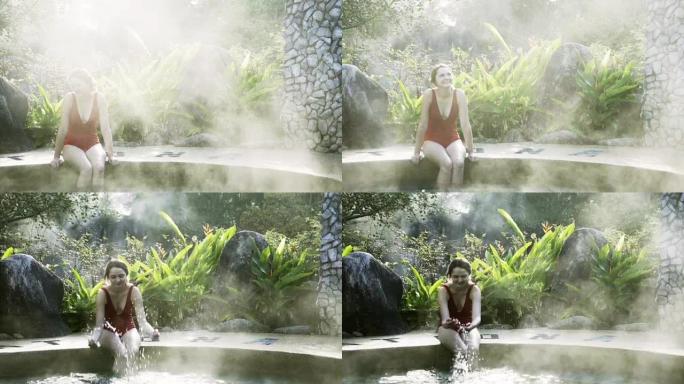 坐在泰国温泉池塘里的女人