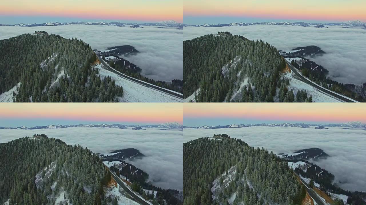 空中: 巴伐利亚罗斯菲尔德，冬季日出时