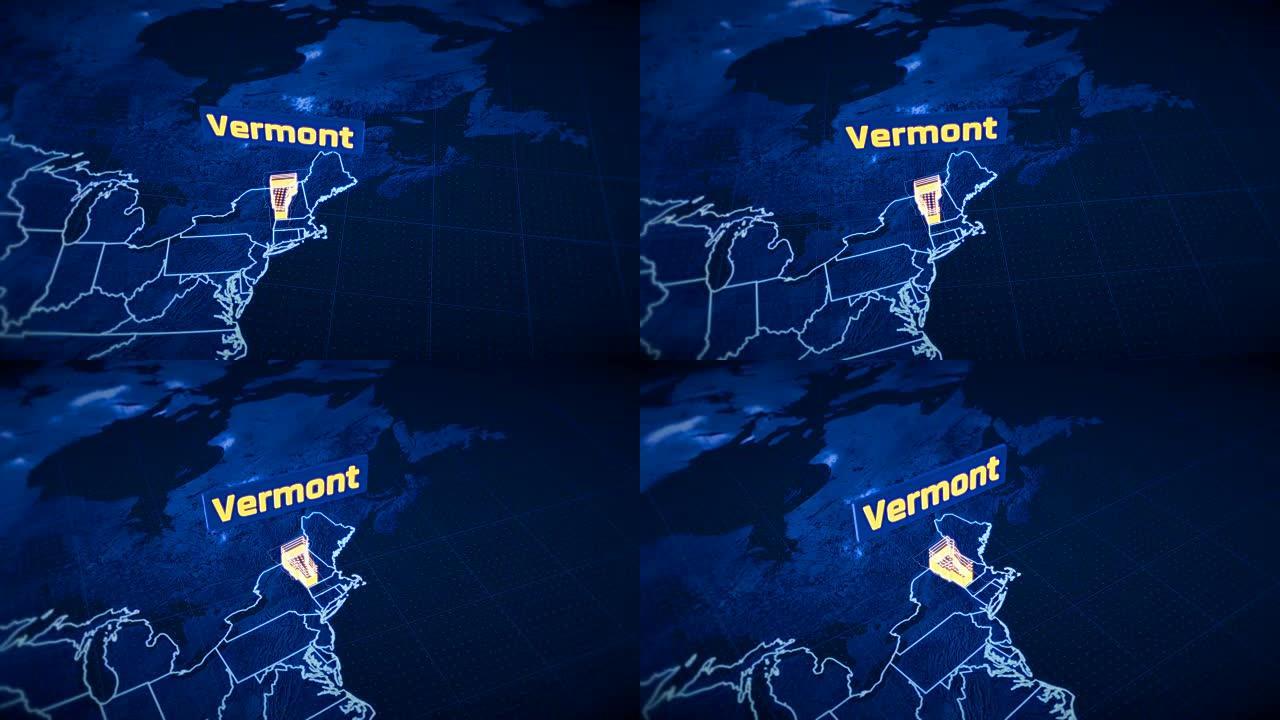 美国佛蒙特州边界3D可视化，现代地图轮廓，旅行
