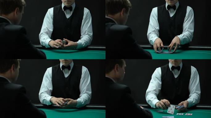 专业的商人在绿桌上洗牌，扑克游戏