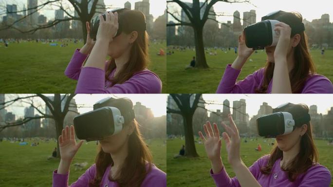 女性年轻成人虚拟现实耳机谷歌眼镜