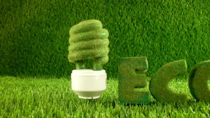 绿色草地上的生态灯泡。生态概念背景