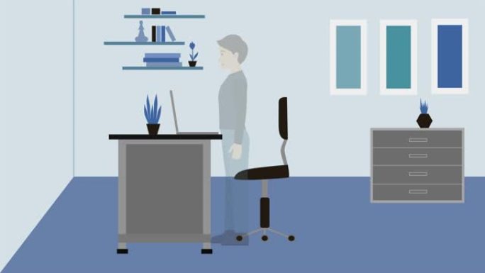 2D动画，年轻的白人坐在办公室的椅子上。背部和颈部出现疼痛的红色迹象。保健概念，专业疾病，久坐的生活