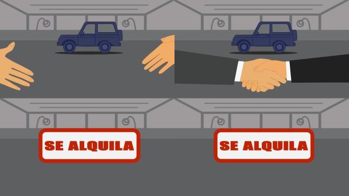 2D动画，蓝色汽车驶入，两只高加索人的手在前台颤抖，西班牙出租标志Se Alquila出现。汽车经销