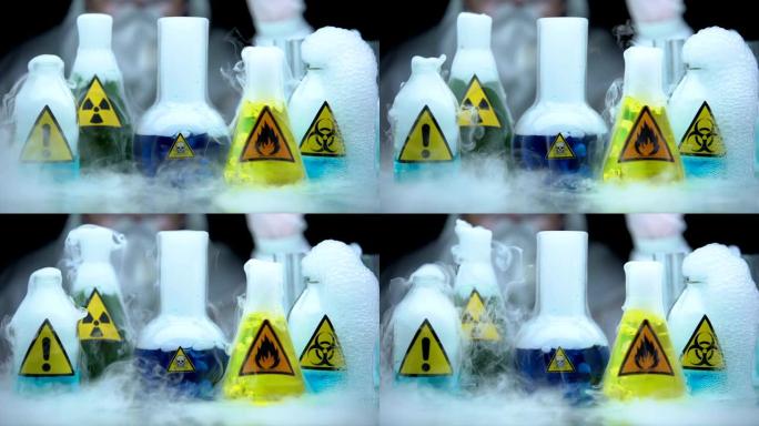 在实验室工作人员的烧瓶中蒸发的危险液体