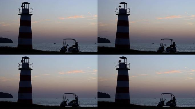 日落时间和高尔夫球场的灯塔