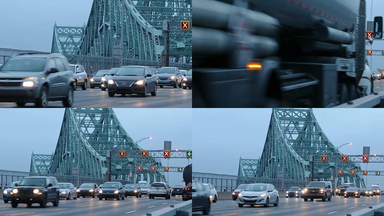 蒙特利尔雅克-卡地亚大桥黎明时流动的交通缩小版本高清