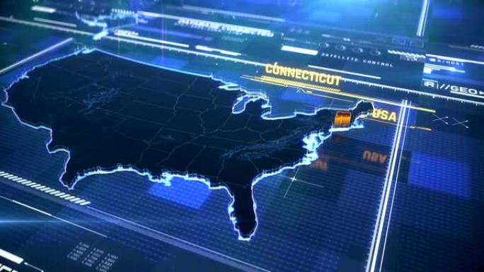 康涅狄格州美国州边界3D现代地图，带有名称，区域轮廓