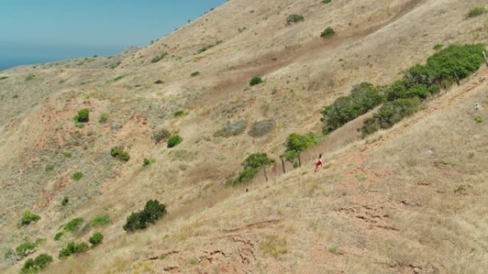 女人在卡塔利娜岛 (Catalina Island) 的陡峭山坡上徒步旅行-无人驾驶飞机射击