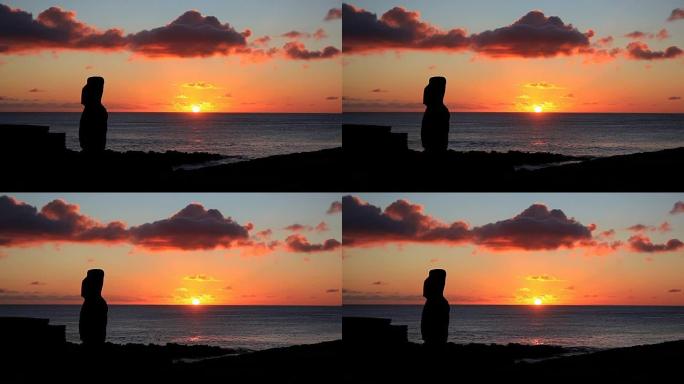 智利复活节岛日落时的Moai雕像