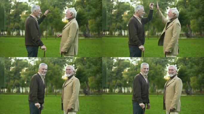 老年男子用手杖给高五微笑相机，男性友谊