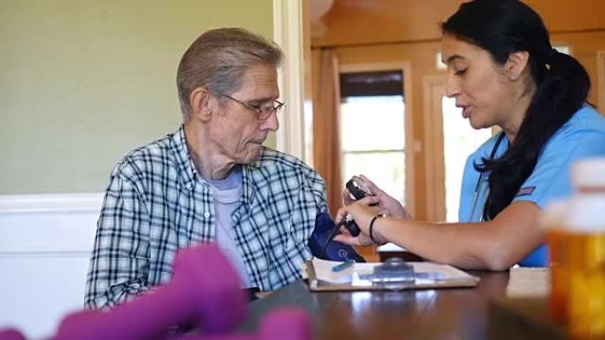 自信的成年西班牙裔护士在家访期间检查高级患者的血压