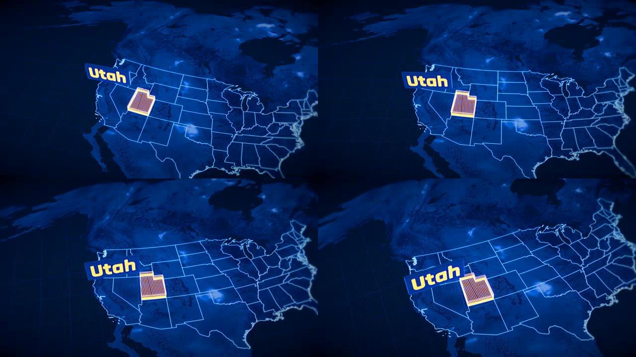 美国犹他州边界3D可视化，现代地图轮廓，旅行