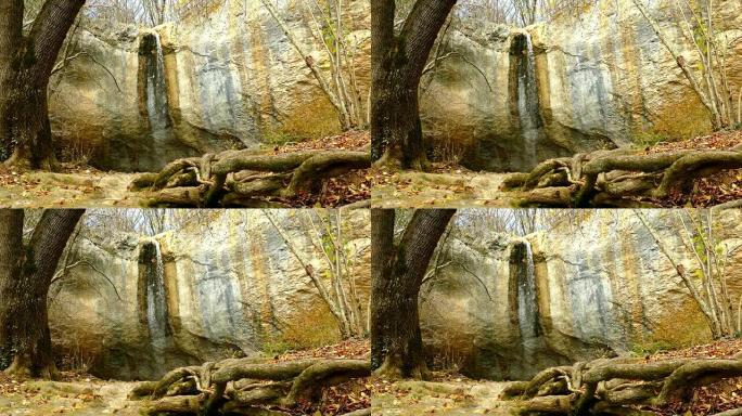 秋天森林深处的瀑布