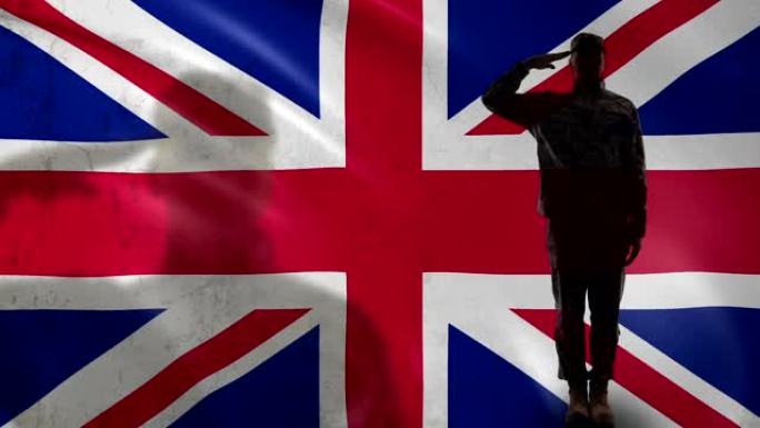英国士兵侧影向国旗敬礼，独立日