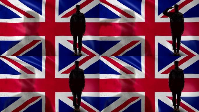 英国士兵侧影向国旗敬礼，独立日