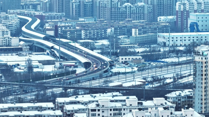 辽宁沈阳冬季雪天城市街道马路航拍