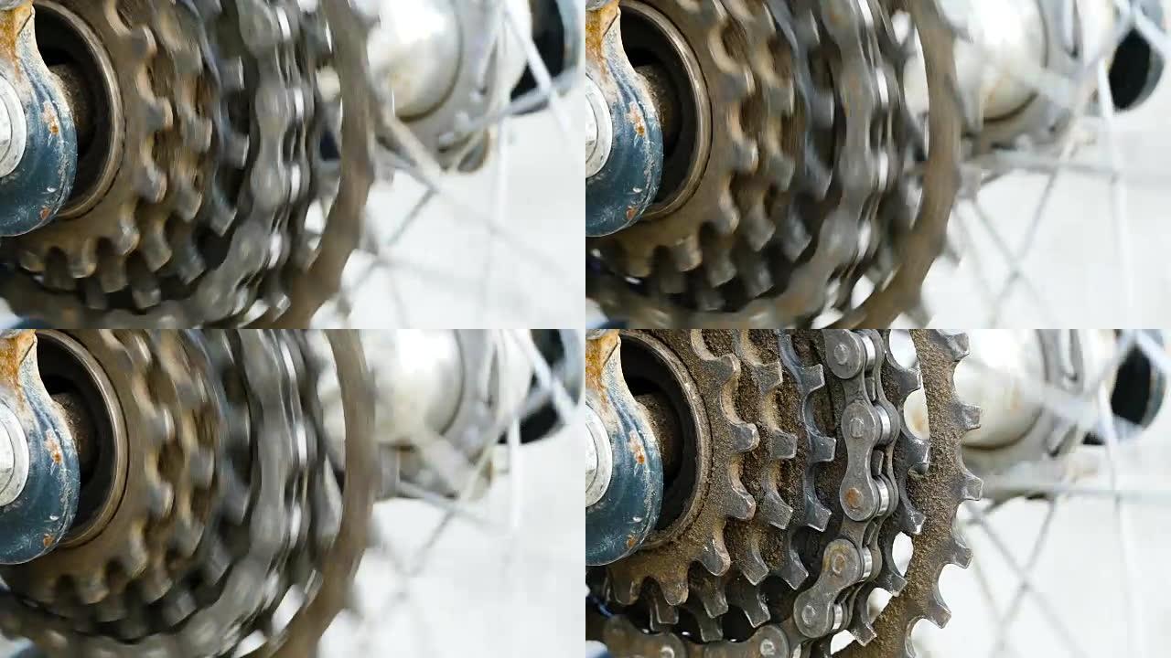 4k镜头: 自行车齿轮的特写