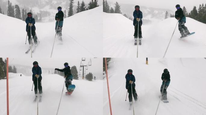 在下雪，阴天的冬天，在科罗拉多州博尔德附近的Eldora滑雪胜地，一名滑雪者和一名滑雪者被拉到雪地摩
