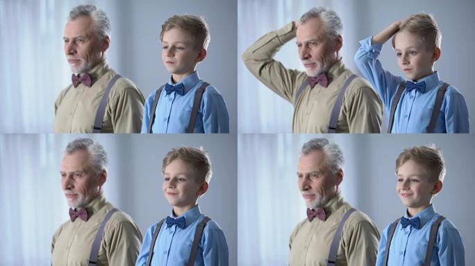 小男孩和老人一起调整头发，家庭肖像，遗传