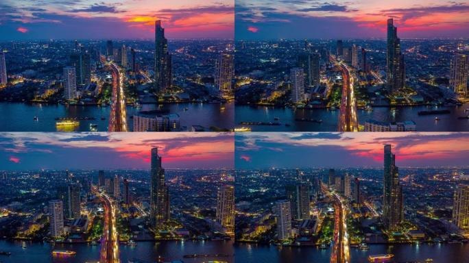 曼谷地标金融商务区的超低鸟瞰图，日落时泰国曼谷湄南河上的摩天大楼