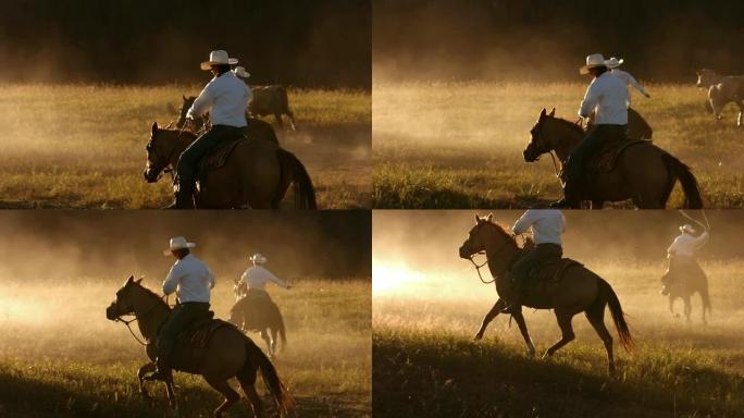 日落时骑马的牛仔，慢动作