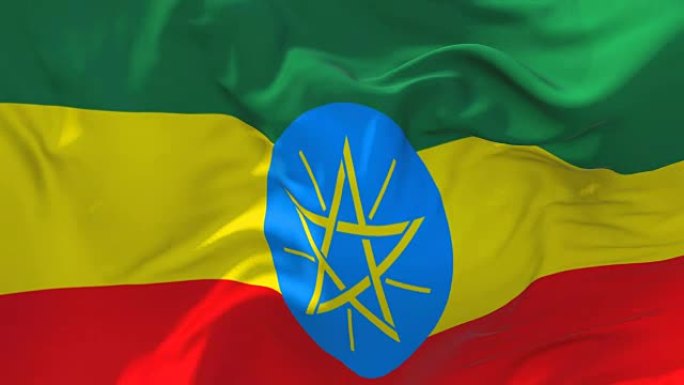 埃塞俄比亚国旗迎风飘扬的慢动作动画。4K逼真的织物纹理旗帜平稳吹在一个刮风的日子连续无缝循环背景。