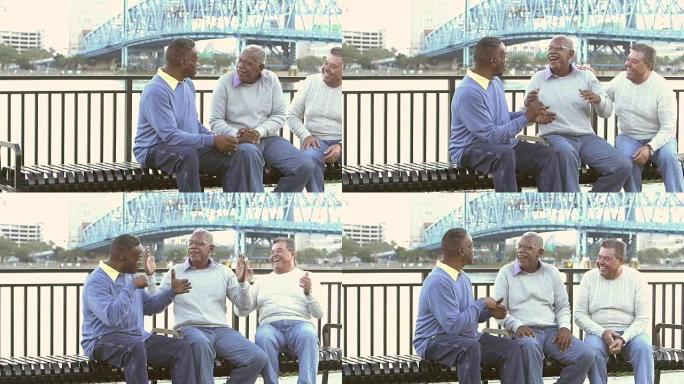三名多种族的高级男子在公园长椅上交谈
