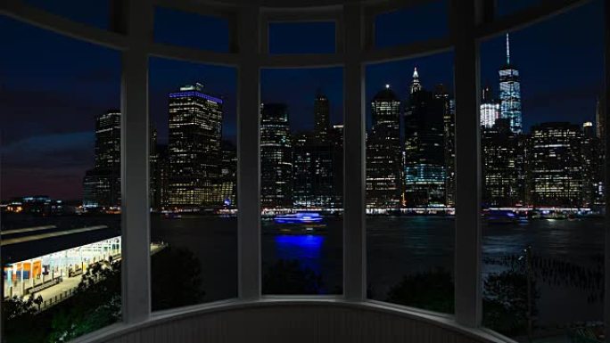 纽约城市景观夜间延时窗口全景城市景观曼哈顿