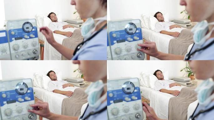 当男子躺在医院病床上时，护士检查生命体征