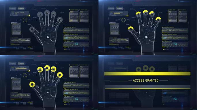 指纹扫描过程，动画手触摸屏幕，授予访问权限