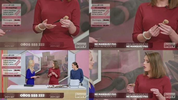 法语中的信息电视蒙太奇: 女性信息电视节目主持人与化妆师交谈，展示化妆刷