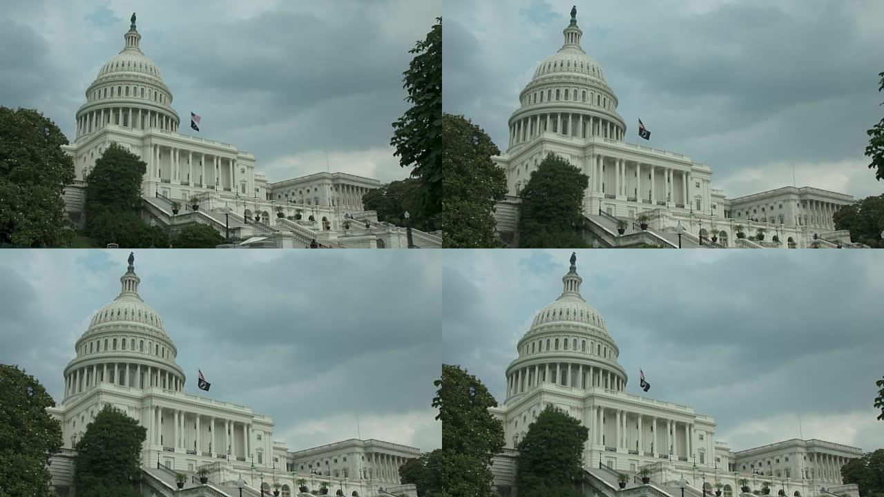 位于华盛顿特区的带有POW MIA和美国国旗的美国国会大厦-在4k/UHD中
