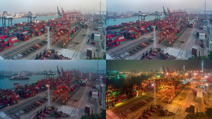 香港进出口商务物流中国际港口与起重机装载集装箱的昼夜间隔