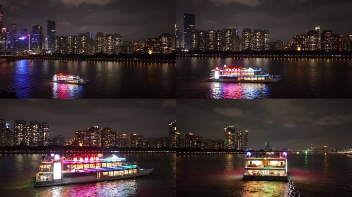 珠江新城夜间 珠江夜游航拍 游船经过珠江