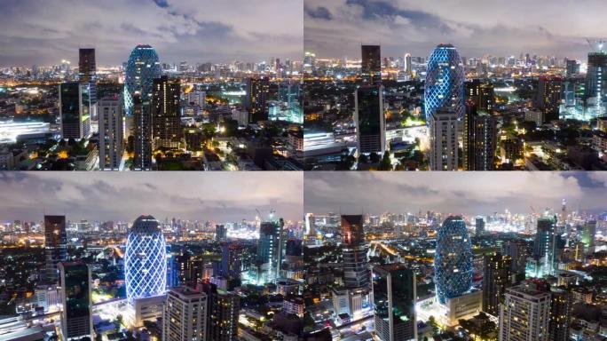 泰国曼谷现代办公楼照明技术的空中延时