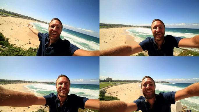 年轻人在澳大利亚邦迪海滩拍摄自拍照