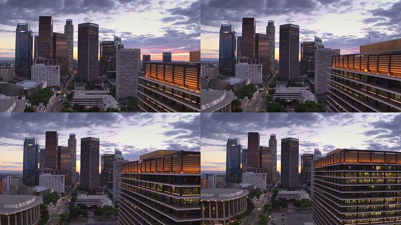 洛杉矶市中心日落时靠近约翰·费拉罗大楼-无人机拍摄