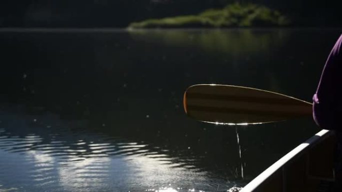 在原始湖上划独木舟的女人