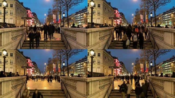 晚上在巴黎香榭丽舍大街上的人群，时间流逝。