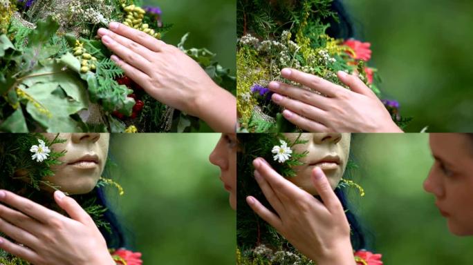 人类手抚摸大地母亲的水果和花朵服装，大自然的财富