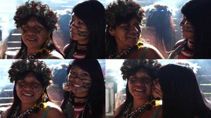 在小屋中来自图皮瓜拉尼族的巴西土著母女肖像