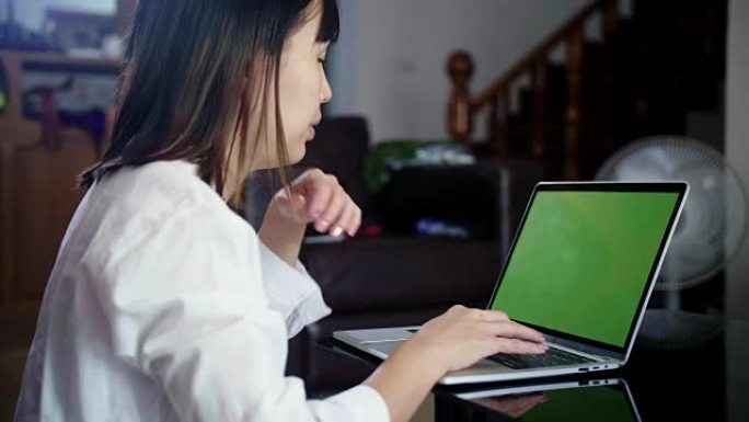 年轻女子在家工作，笔记本电脑上的绿屏