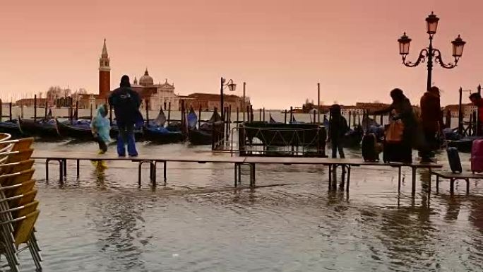 意大利威尼斯圣马克广场上的4k色调洪水视图