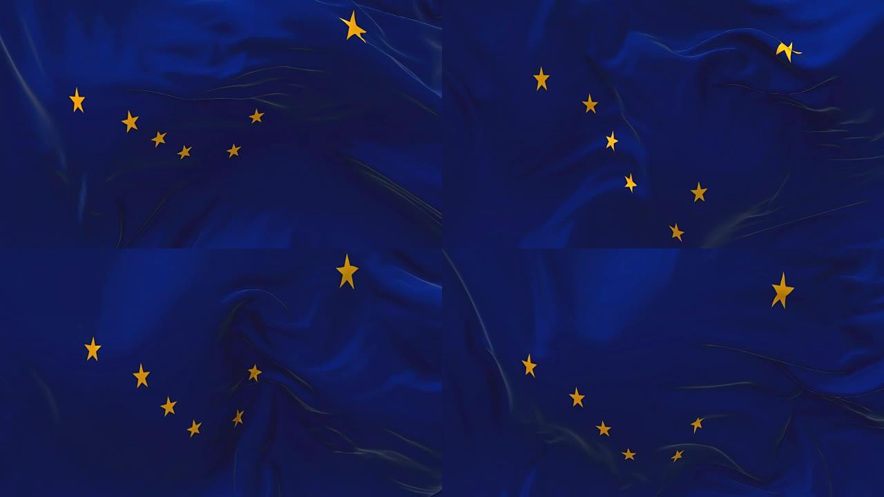 阿拉斯加旗帜迎风飘扬的慢动作动画。4K逼真的织物纹理旗帜平稳吹在一个刮风的日子连续无缝循环背景。