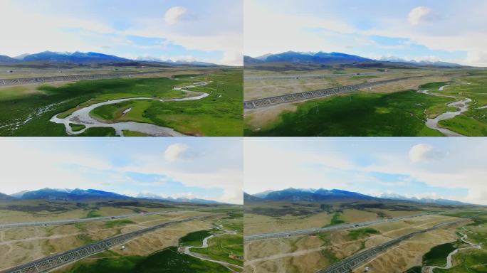 青藏铁路公路旁河流牦牛航拍