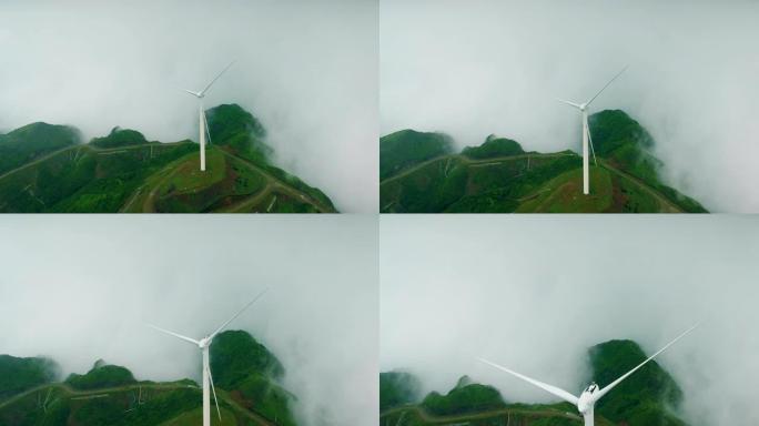 中国贵州乌蒙草原上的风力发电机鸟瞰图。